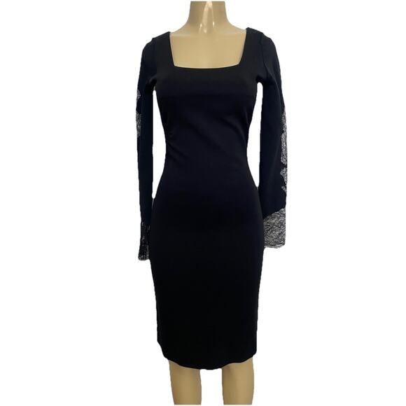 Ermanno Scervino Sheath Dress Black Lace Long Sleeve Back Zip Square Neck 40 S - Picture 1 of 11